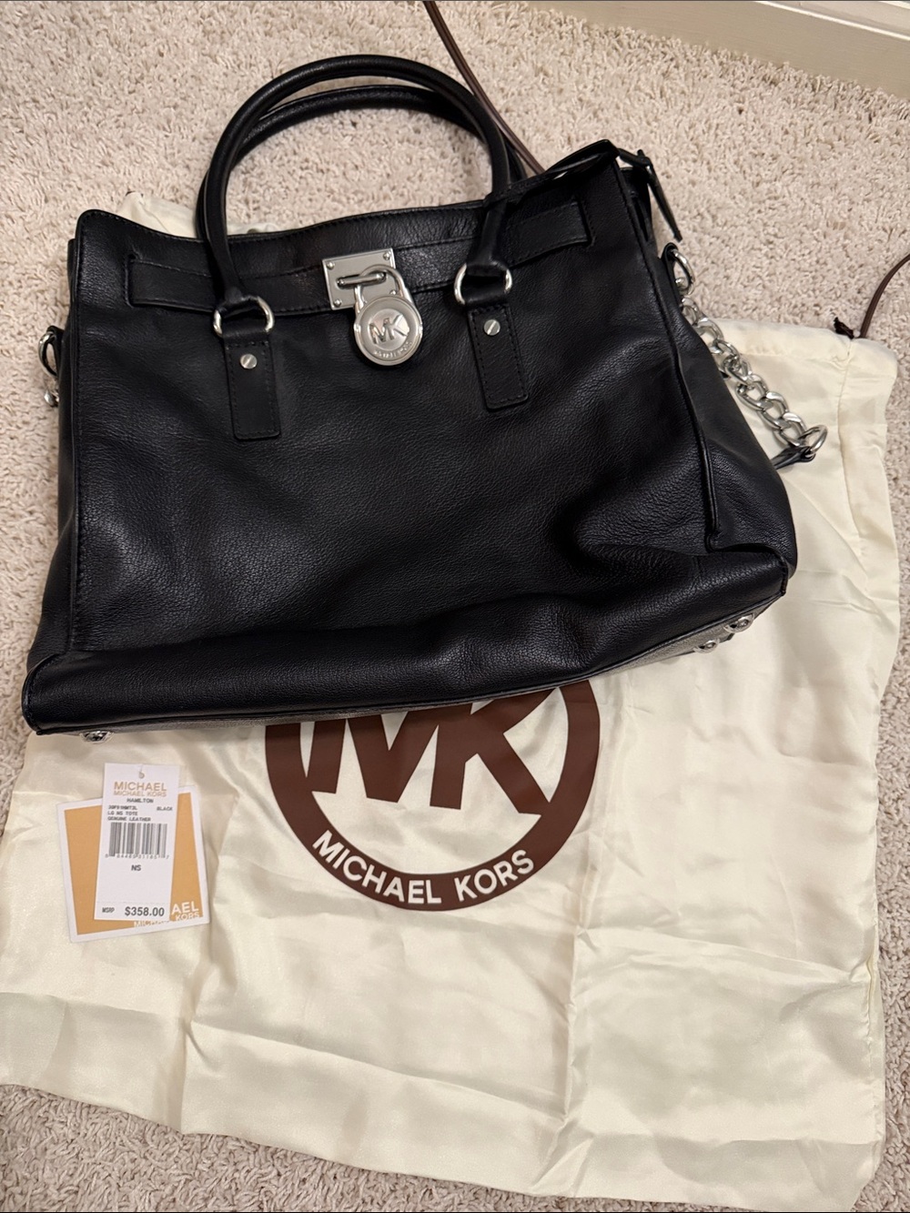 Michael Kors Black Leather Satchel with Silver MK Padlock